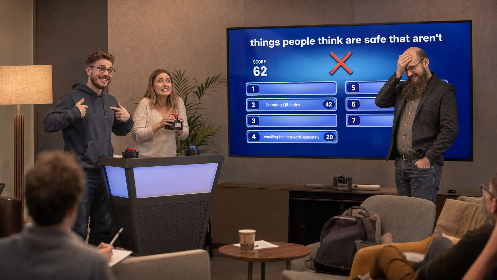 A realistic LensCraft workshop game-show scene where a presenter facepalms beside a screen titled Things people think are safe that aren't.