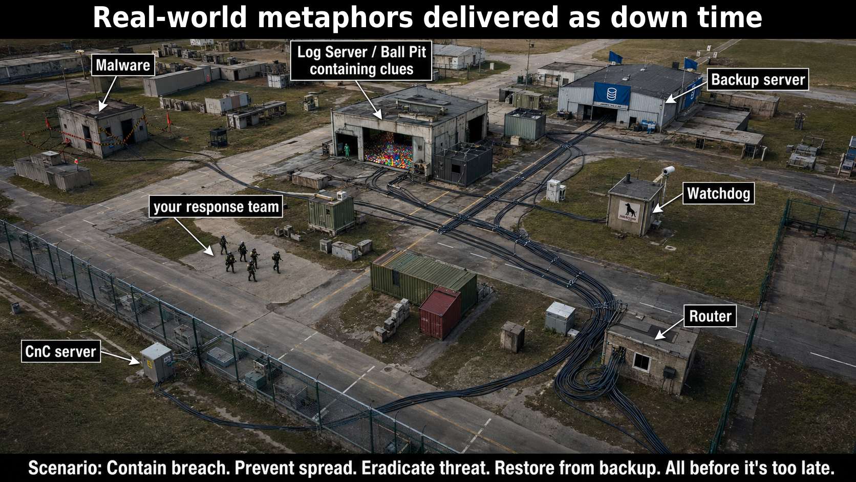 Drone-style image of an airsoft arena mapped as a cyber incident response scenario with labelled systems including malware, logs, backups, router, watchdog and CnC server.